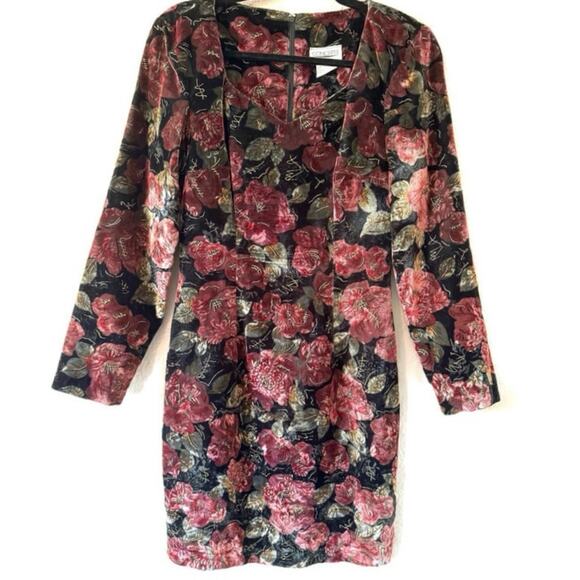 Vintage Concepts Y2K Purple Floral Velour V Neck Wiggle Dress Size 3/4 - Picture 1 of 7